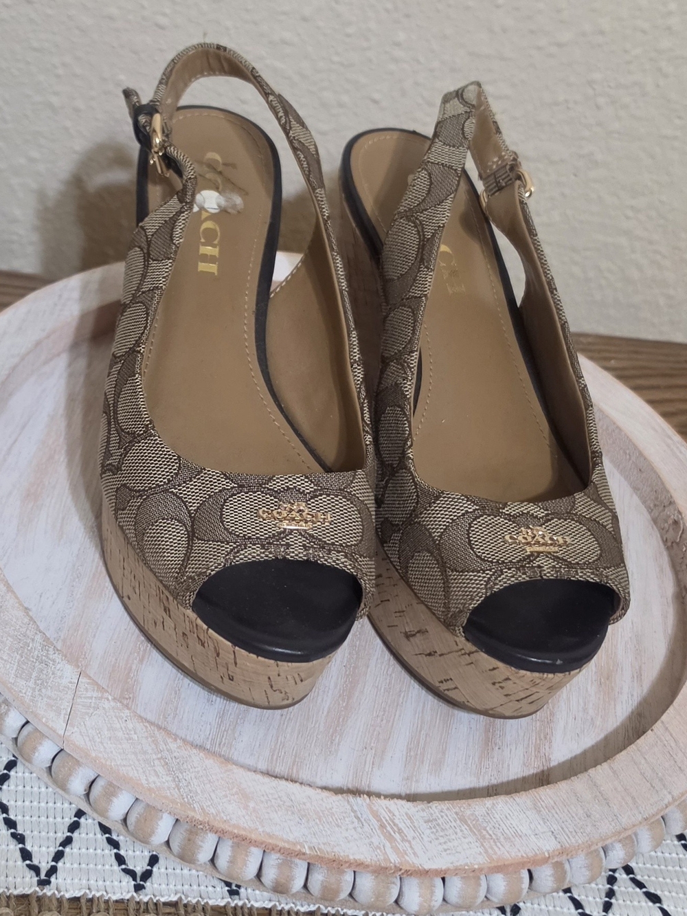 Coach Signature Canvas Cork Wedge Slingback Sandals Women's Wedge Peep-Toe Pumps